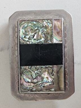 Vintage Large 70s Southwestern Silver Abalone & Onyx Belt Buckle